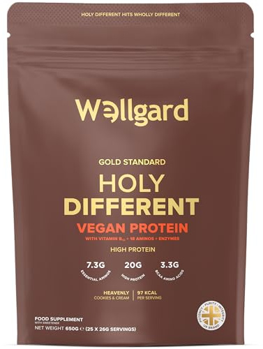 Wellgard Vegan Protein Powder, 97 Calories, 20g Plant Based Protein, Complete Amino Acid Profile, 3.3g BCAAs, Low Calorie Shake, Low Calorie Protein Powder, Cookies & Cream, Holy Different, 650g