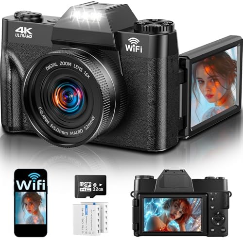 4K 75MP Digitalkamera mit WLAN & 180° Flip 3.0 Bildschirm, Autofokus Vlogging Fotoapparat mit 2X 1500mAh Batterien, Mikro-SD-Karte, Kompaktkamera für Erwachsene, Senioren & Anfänger