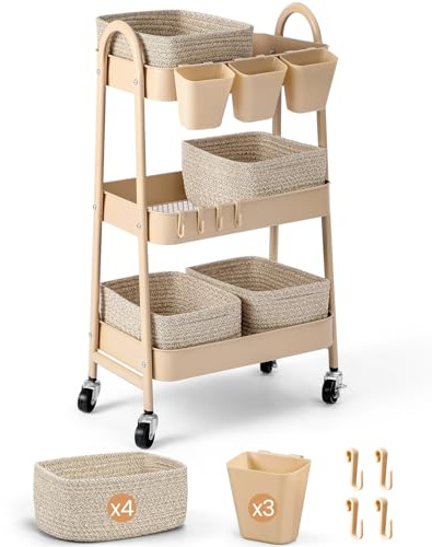 3-Tier Rolling Utility Cart with 4 Woven Baskets, Diaper Book Snack Cart, Storage Organizer for Nursery, Kitchen, Craft Room, Home SPA, Living Room, Metal Frame Trolley on Lockable Wheels, Brown