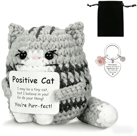 Pocket Hug Positive Katze, Kreative Gehäkelte Kuscheltiere mit Schlüsselanhänger, Handgehäkelte Lustige Positive Geschenke, Emotional Support Geschenk für Frauen,Freunde,Familie Kollegen (Katze)