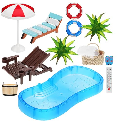 YARNOW Miniatur Strand Dekoration Set für Puppenhaus Zubehör, Mini Pool Liegestuhl und Schirm, Mikrolandschaft Ornamente für Zen Garten, Sommer Stranddeko Miniaturwelt DIY Basteln