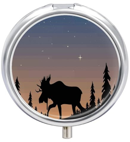 Moose Mountain Pine Tree Wilderness Round Pill Box, Portable 3 Compartments Pill Organiser, Exquisite Metal Pill Case with Snap Closure, Tablet Storage Box for Purse, Pocket, Travel & Daily Use Holder