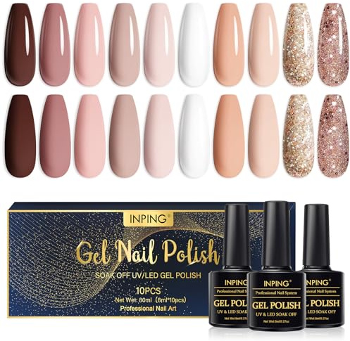 INPING Gel Nail Polish Set, French Nude 10 Colors UV LED Nail Varnish 8ML | Beige Nude Brown Polish for Women Nail Art Manicure Salon Easy To Apply Christmas Halloween
