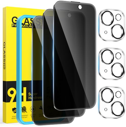 Niphabe 3 Pack Privacy Screen Protector for iPhone 15 6.1 with 3 Pack Lens Protector,Tempered Glass Film with Easy Installation Tool, Private Protector Anti-Shatter Anti-Scratch