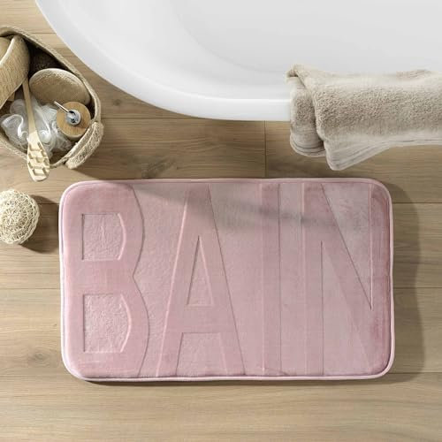douceur d'intérieur, Tapis de Bain (45 x 75 cm) Bain Rose Poudre, Microfibre Relief