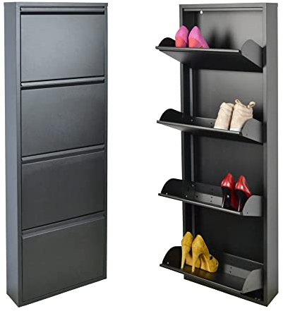 Scarpiera Salvaspazio Slim Nera (4 Ante 12 Paia, Nessun Montaggio) Struttura in Metallo Resistente (No plastica, Tessuto, or Legno), per Interni/Esterni, Scarpe/Stivali, Garanzia 15 Anni