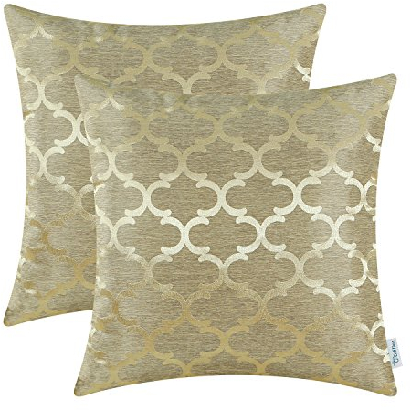 CaliTime Kissenbezüge Kissenhülle 2er-Pack Wurfkissenbezüge Schalen für Heim-Sofa-Couch Modern Glänzend & Matt Kontrast Quatrefoil Akzent Geometrisch 40cm x 40cm Gold