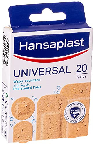 HANSAPLAST UNIVERSAL - 20 Pansements Prédécoupés - Résistants à l'Eau et à la Poussière - Pansements Couleur Chair - 4 Formats Assortis : 8 Petits, 6 Moyens, 2 Grands, 4 Ronds
