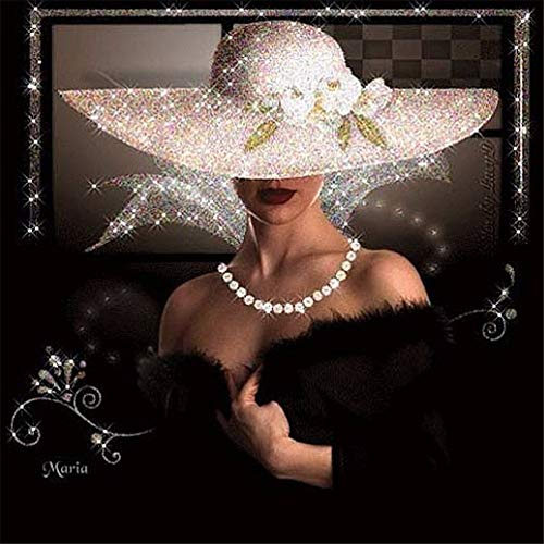 5D Diamant Malerei Kit Voll DIY Malen nach Zahlen Diamond Painting Dame mit weißem Hut Bilder Diamant Gemälde Stickerei Kristalle Strass Kreuzstich für Wall Decor M565 Vierkantbohrer 40x50cm