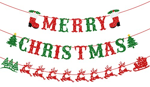 Frohe Weihnachten Glitzer Banner Rentier Weihnachtsmann Schlitten Wimpelkette Girlande zum Aufhängen für Weihnachten Party Dekorationen Supplies Rot & Grün
