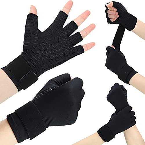 SATINIOR 1 Paar Kupfer Arthritis Handschuhe Halbfinger Kupferfaser Handschuhe mit Handgelenkstütze Unterstützung Kompression Arthritis Handschuhe mit Riemen für Männer und Frauen Karpaltunnel, M