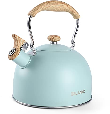 Tea Kettle, BELANKO 85 OZ / 2.5 Liter Whistling Tea Kettle, Tea Pots for Stove Top Food Grade Stainless Steel with Wood Pattern Folding Handle, Loud Whistle Kettle for Tea, Coffee, Milk - Turquoise
