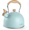 Tea Kettle, BELANKO 85 OZ / 2.5 Liter Whistling Tea Kettle, Tea Pots for Stove Top Food Grade Stainless Steel with Wood Pattern Folding Handle, Loud Whistle Kettle for Tea, Coffee, Milk - Turquoise