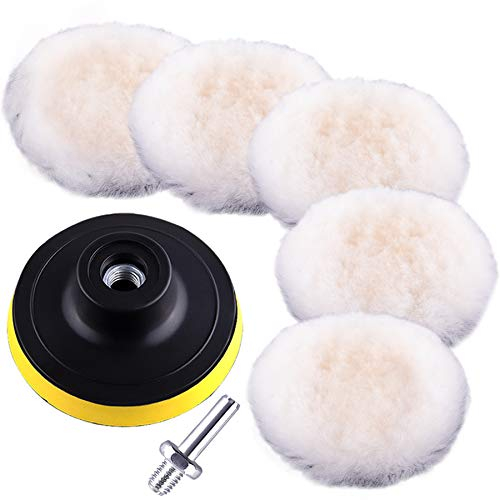 SIQUK Auto Polierhaube, 5 Stück ø 127mm Lammwollhaube Wolle Polierteller Wollpuffer Polierhauben Pad Polierhaube Wollpad Polierfell Kit mit Bohrer Adapter für Auto Polierauto(5 Zoll)