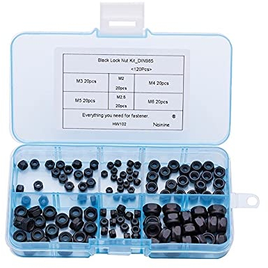 OPYTR Sechskantmutter 120Pcs / Set DIN985 M2 M2.5 M3 M4 M5 M6 Schwarz Carbon Steel Nylon Selbstsichernde Sechskantmuttern Locknut Rutschsicherungsmutter Kit Sechskantmutter aus Edelstahl