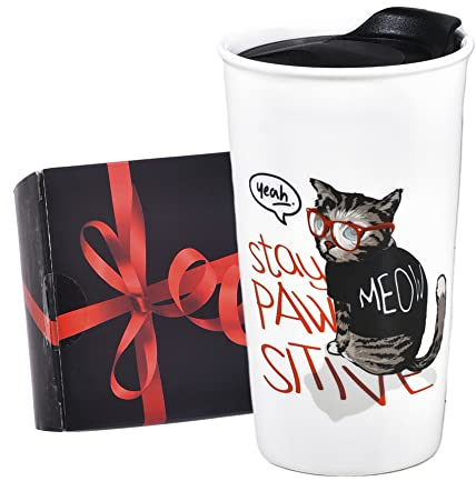 Cute Cat Mug for Cat lovers, To Go Coffee Cup with Splash Proof Lid, Double-Wall Ceramic Funny Travel Car Mugs 12 Ounce, MEOW Pet Wear Glasses Decorated (Yeah, stay Paw Sitive)