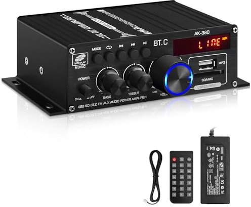 AK-380 USB SD BT.C FM AUX Audio Amplificador de potencia 400W + 400W 2.0 CH HiFi estéreo AMP altavoz Bluetooth 5.0 Amp receptor con fuente de alimentación 12V 5A, antena FM para coche, hogar, bar