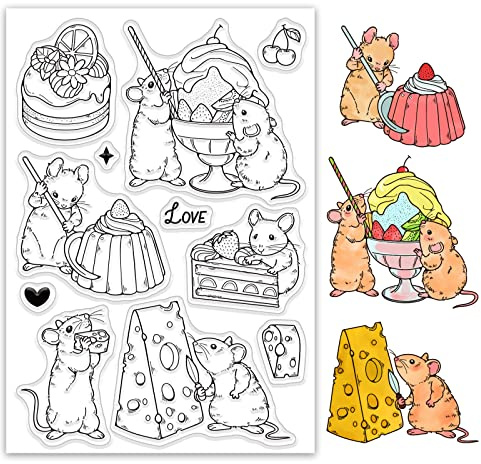 ORIGACH Hausmaus und Dessert Silikonstempel für Kartenherstellung Cartoon Maus Dessert Transparente Stempel Klarer Stempel für DIY Scrapbooking Fotoalbum