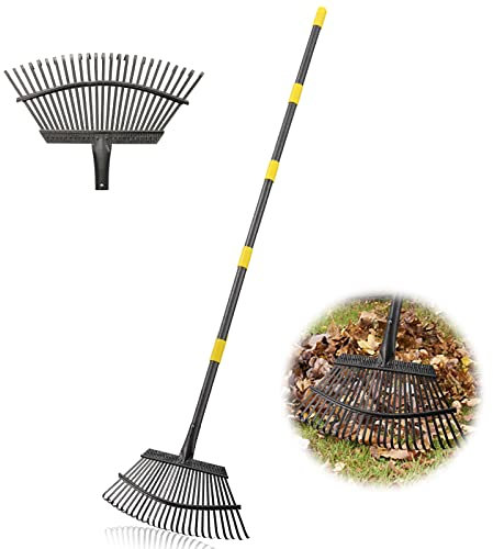Râteau de jardin – Grands râteaux à feuilles pour le jardinage – 25 dents en métal de 45,7 cm de large – 198,1 cm de long manche pour pelouses robustes pour cour, pelouse, arbustes, parterres de