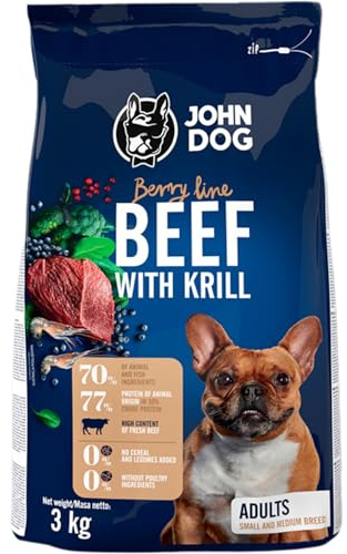 JOHN DOG Trockenfutter für Hunde Berry Line Rind mit Krill - Futter für Erwachsene Hunde Kleiner und mittlerer Rassen - Getreidefrei und hoher Fleischanteil 3kg