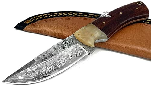 Maru Coltello Artigianale in Acciaio Damasco Forgiato a Mano Manico Montone Lama Fissa Coltello da Caccia Coltello Bushcraft con Fodero Collezione