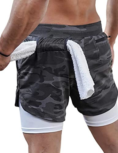 DIOTSR Herren 2-in-1 Lauf-Workout-Shorts, leicht, athletisch, Fitness-Shorts mit Taschen, Camouflage Grau, X-Klein