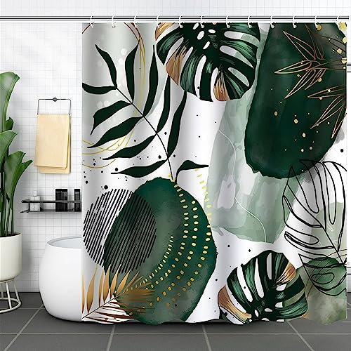 Brevoscht Boho Leaves Green Shower Curtain Mid Century Plant Palm Leaf Bath Curtain Minimalist Abstract Bathroom Decor Accessory Set with Hooks Waterproof Washable 72 x 72 inches