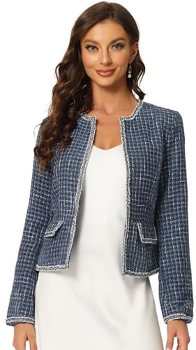 Allegra K Women Tweed Plaid Long Sleeve Open Front Office Blazer Jacket | Collarless design. Full lined with flap pockets and gold trim. Vintage style for work meetings dating