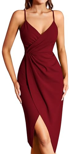 Missufe Robe pour femme - Robe de cocktail, de fête, robe drapée, robe d'été midi - Robe élégante et festive Bodycon pour mariage - Robe sans manches à bretelles fines - Robe de soirée, rouge, S