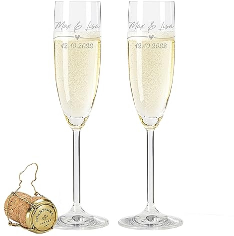 GRAVURZEILE Leonardo Sektgläser mit Gravur - Wedding Love Design - Personalisiert mit Namen & Datum - Geschenk zur Hochzeit, Verlobung oder Jahrestag - Farbe: Sekt