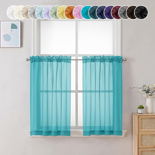 Chyhomenyc Durchsichtige türkisfarbene Stufenvorhänge, 61 cm Länge, kleine Fenstervorhänge, Behandlung für Badezimmer, Wohnzimmer, Keller, Kurze Stangentasche, Café-Vorhänge, 106 x 61 cm, 2 Paneele