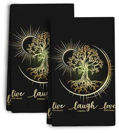 Wovoto Live Laugh Love Kitchen Towels Decorative Set Tree Life Tea Towel | Set of 2 Absorbent Hand Towel for Kitchen,Hippie Witchy Kitchen Decor Aesthetic,Cute Moon Dish Towels for Kitchen Drying