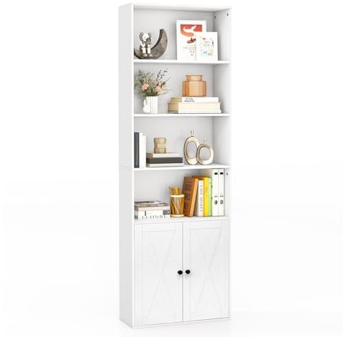 COSTWAY 6-Tier Bookcase, Freestanding Tall Bookshelf Cupboard Storage Organizer with Adjustable Shelf & 2-Door Cabinet, Wooden Display Shelving Unit for Living Room Office (White, 60 x 24 x 180cm)