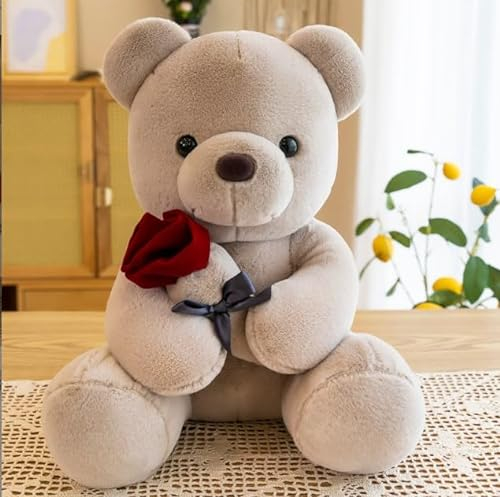 Ours en Peluche câlin et câlin 25 cm avec Rose Ours en Fourrure Douce Ours en Peluche Ours en Peluche en Peluche Kawaii Nounours Brun Clair Douce Mignonne