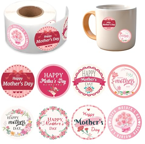 500St 3,8cm Aufkleber zum Muttertag, Rund 8 Designs Anhänger Happy Mother's Day Selbstklebend Muttertag Aufkleber Florale Umschlagsiegel Aufkleber für Karten Briefe Schachteln Dekor