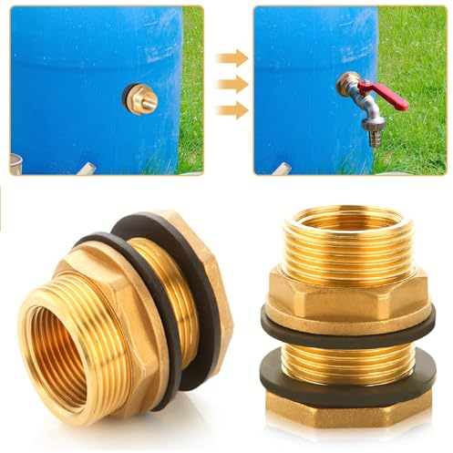 GZWY 2 Stück Universal 3/4 Zoll Regentonnendurchführung aus Messing Regentonnen Verbindungsset regenwassersammler für Wasserhahn, Zapfhahn an Fass, Regentonne, Wassertonnen & Wassertanks (1/2'' IG)
