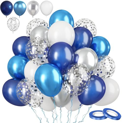 COSORO 60 Stück Luftballons Silber Grau Blau Weiß Set,12 Zoll Helium Ballons Latex Ballons Pastell Konfetti Luftballons für Geburtstag Hochzeit Babyparty Deko Bunt Matte Ballon für Party Dekoration