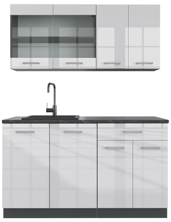 Vicco Singleküche R-Line, Küchenzeile Single, Weiß Hochglanz/Anthrazit, 140 cm, AP Marmor