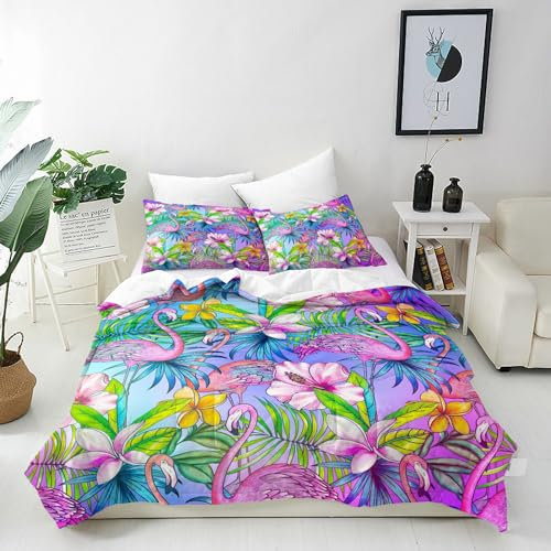 ANHOPE Tropisch Rosa Flamingo Blume Bettwäsche Set Microfaser Bettbezüge mit Reißverschluss 3 Teilig Bettbezug 155x220 cm + 2 Kissenbezug 80x80 cm Weich Bettdeckenbezug Set für Kinder Mädchen