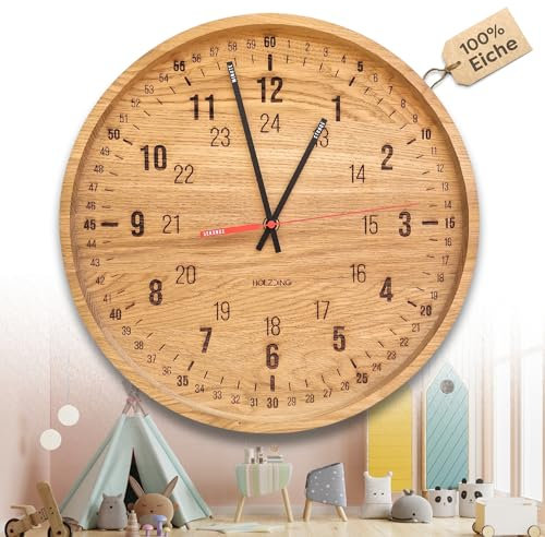 HOLZDING® Hochwertige Eichenholz Kinderuhr, Lern-Uhr - Leises Uhrwerk, Große Zahlen, Beschriftete Zeiger, Stilvolle Designuhr, Maße 35 x 35 x 3,8 cm