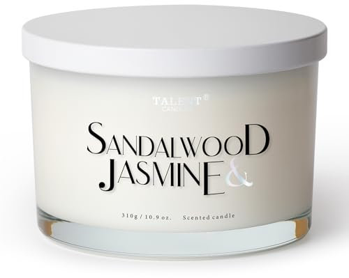 Bougie parfumée, bougies TALENT, cire de soja 100% naturelle, 3 mèches, bougies cadeaux pour femmes et hommes, bougies d'aromathérapie, bougie en pot de 10,93 oz, Bois de santal et jasmin