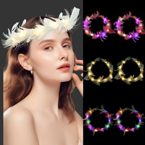 Aubess 6 Stück Leuchtendes Feder Stirnband, LED Feder Stirnbänder Leucht Haarkranz Feder, leuchtendes LED Haarband für Geburtstag, Hochzeit, Party, Halloween, Weihnachten