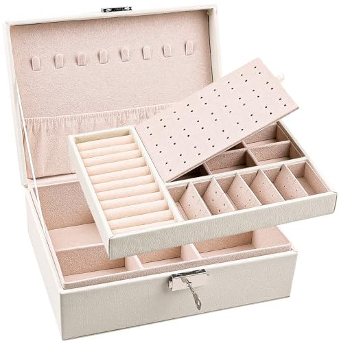 Yatinkim Jewelry Box with Lock 2 Layers Organizer Case for Women Girls White PU Leather Holder Boxes Removable Tray Rings Earrings Necklaces Display