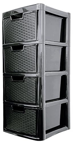 SIDSONS Large Plastic Rattan Style Storage Drawer (Rattan/Black, 4 Tier)
