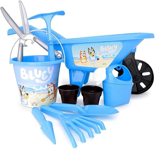 Toyland® 10 Piece Bluey Gardening Set - Bucket, Watering Can, Plant Pots, Gardening Tools & Wheelbarrow Included - Outdoor Garden Toys for Kids Age 2+