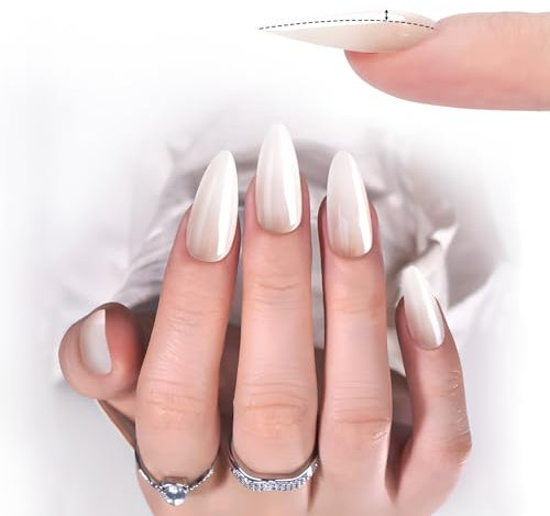 EBANKU Press On Nails Medium, 150Pcs Pre-shaped Glue on Nail White Almond Chrome Stick On Nails Gel Nail Tips-Thick Acrylic Nails for Flat Nails with Nail Glue