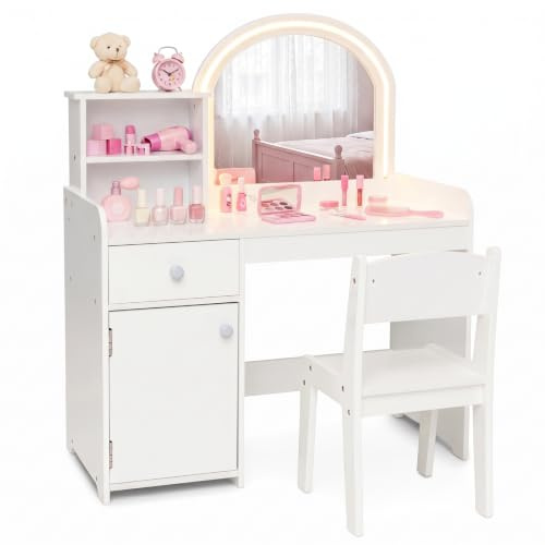 Kids Vanity Table and Chair Set, 2 in 1 Girls Dressing Desk with 2-Colored LED Mirror Storage Shelves Drawer Cabinet, Toddlers Makeup Pretend Play Toy Gift (White)