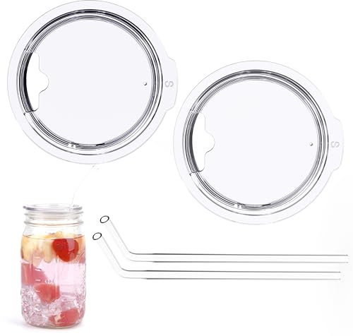 LUVCOSY 3-inch Wide Mouth Mason Jar Lids with Glass Straw, 2 Pack (Jar Not Included)