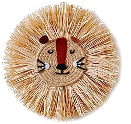 Diheohg Wall Art Hand Knitted Animal Head Hanging Cotton Weaving Straw Poms Cartoon Beard Lion Tigers Macrame Pendant Easy to Use High Quality