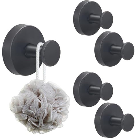 KINDPMA 5PCS Suction Cup Hooks for Shower Bathroom Suction Hooks Black Stainless Steel Waterproof Shower Hook Suction Towel Holder for Bathroom Kitchen Hanging up to 11lbs